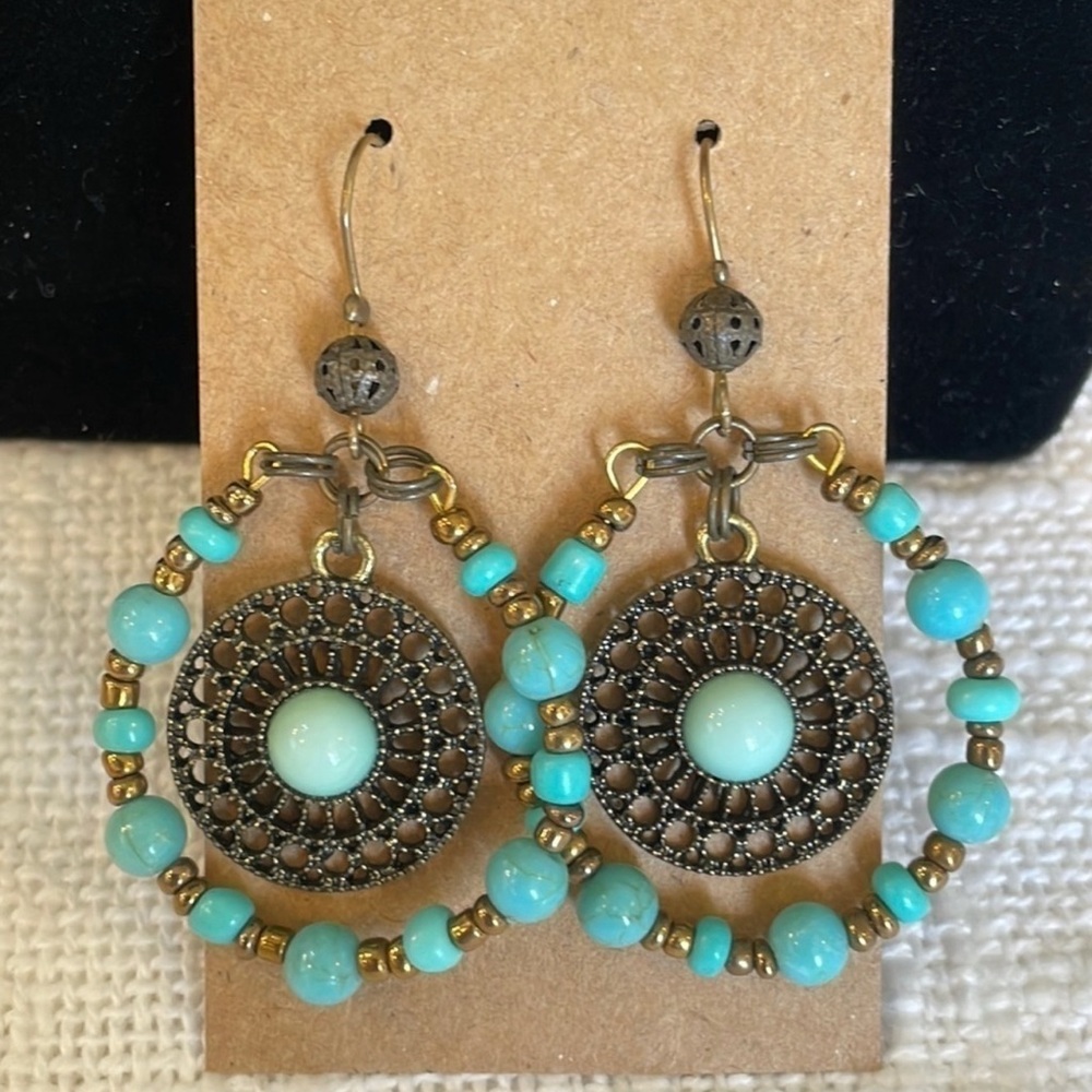 Vintage Faux Turquoise Southwester Beaded Dangle Earrings With Antique Finish